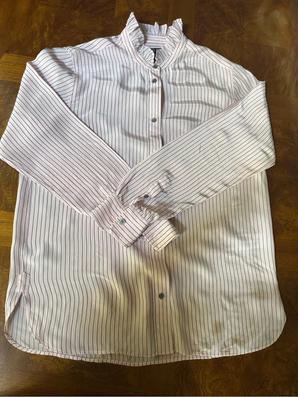 NWOT J. Crew Pink and Black Stripe Ruffle-Collar Button-Up Shirt